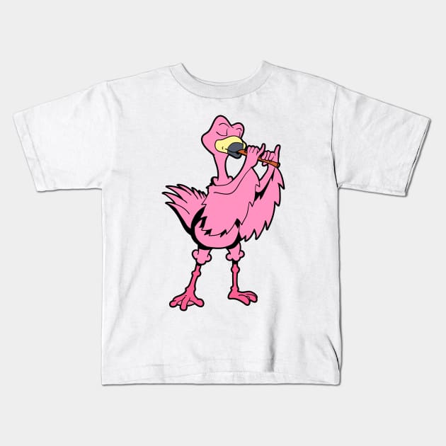 Cartoon flamingo - flute player Kids T-Shirt by Modern Medieval Design